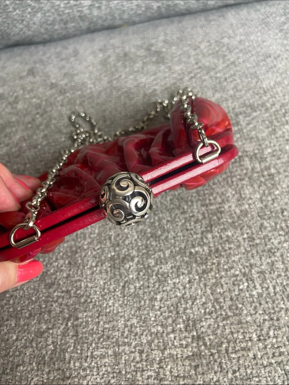Brighton Red Quilted Patent Clutch with Chain Strap